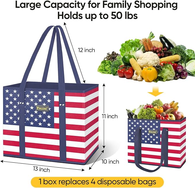 BALEINE 6PK Reusable Grocery Bags, Heavy Duty Shopping Tote Bag | 12'' Long Handles, Reinforced Bottom Keeps Upright, Fold Flat Storage, Water-Resistant Shopping Bag, Multiple Color Options - Image 4