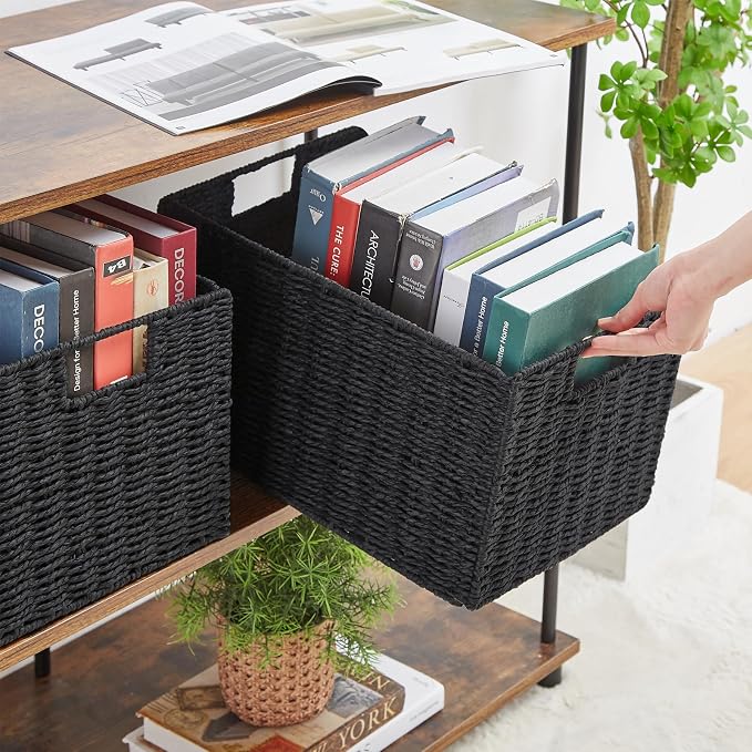 Wicker Storage Basket, Set of 2 Hand-Woven Paper Rope Wicker Basket, Small Storage Baskets for Organizing Toilet Paper Baskets, Foldable Large Cube Storage Organizer Bin for Shelves (Black) - Image 5
