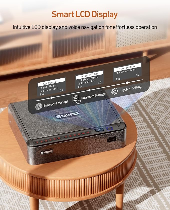 BILLCONCH Smart Gun Safe with Fingerprint, App, Keypad,LCD& Security Cable | Steel Handgun Safe with 4 Quick-Access Methods, Voice Guidance, Built-in LED Light, Ideal for Nightstand, Bedside and Home - Image 3