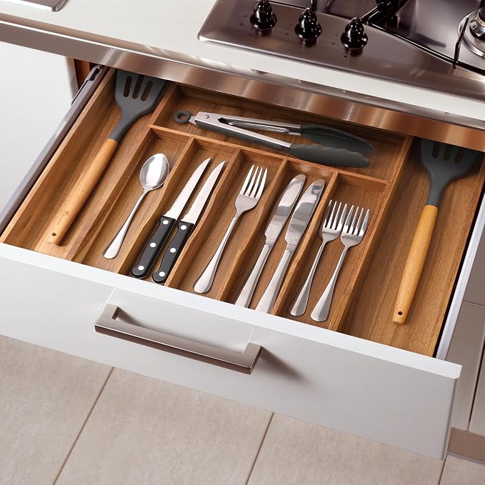 Large Premium Acacia Silverware Organizer - Expandable Drawer Organizer & Utensil Organizer - 17"x19.7" Cutlery Tray with Dividers for Kitchen Utensils and Flatware (7-9 Slots) Acacia - Image 9