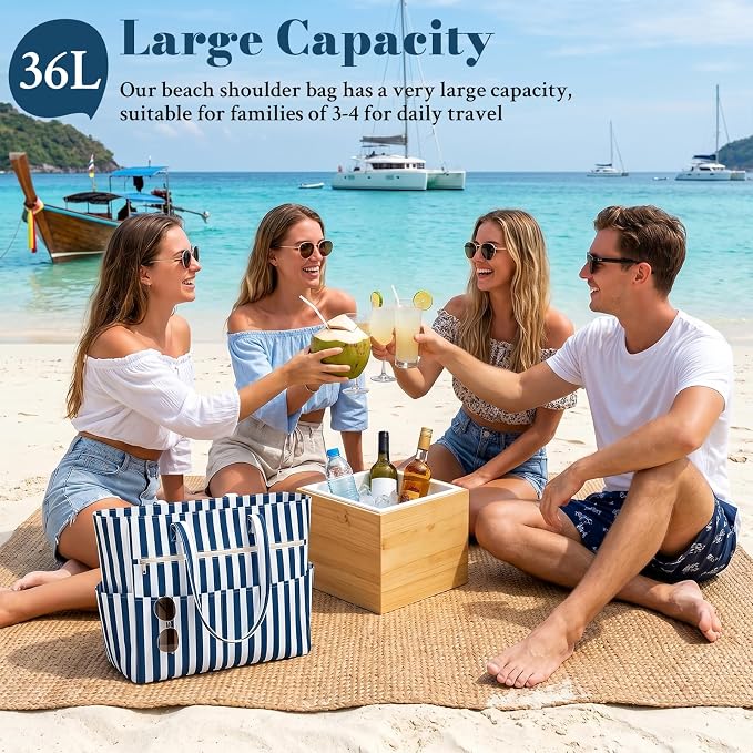 Large Beach Bags for Women, Waterproof Sandproof Beach Tote Bags Swim Pool Bags with Zipper & Wet Pocket Family - Image 6