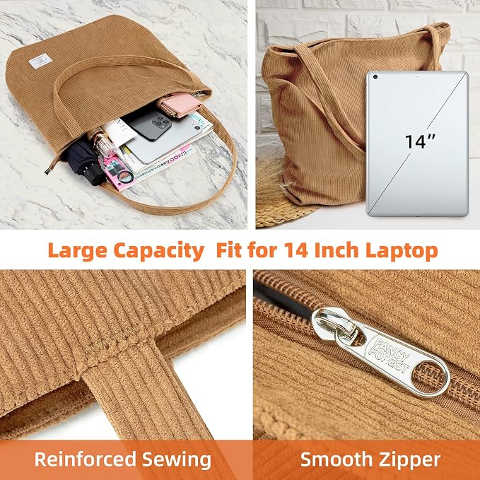 KALIDI Women Corduroy Tote Bag Zipper Casual Tote's Handbag Big Capacity Shoulder Bag with Pockets - Image 8