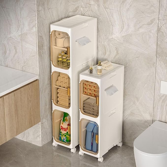 Slim Bathroom Storage Cabinet, Foldable & Movable Narrow Storage Organizer for Small Spaces, Bathroom, Kitchen, Laundry Room, Living Room (2-Tier) - Image 2