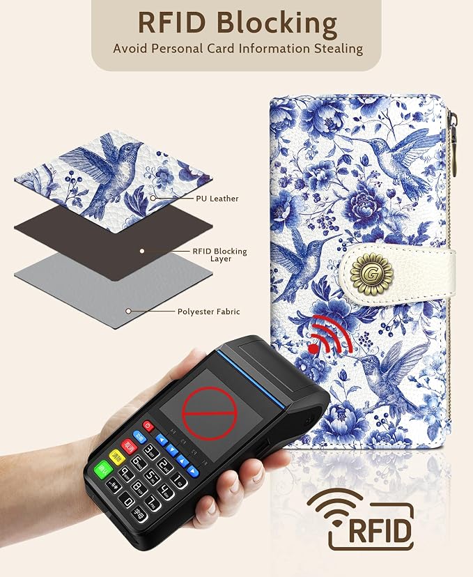 GIANCOMICS Hummingbirds Womens Wallet RFID Flower Credit Card Holder Bifold | Billfold, Cute Cash Purse, Travel Zipper Coin Pocket, Compact Clutch, PU Leather, ID Window, 11 Card Slots, Ladies Gift Woman - Image 4