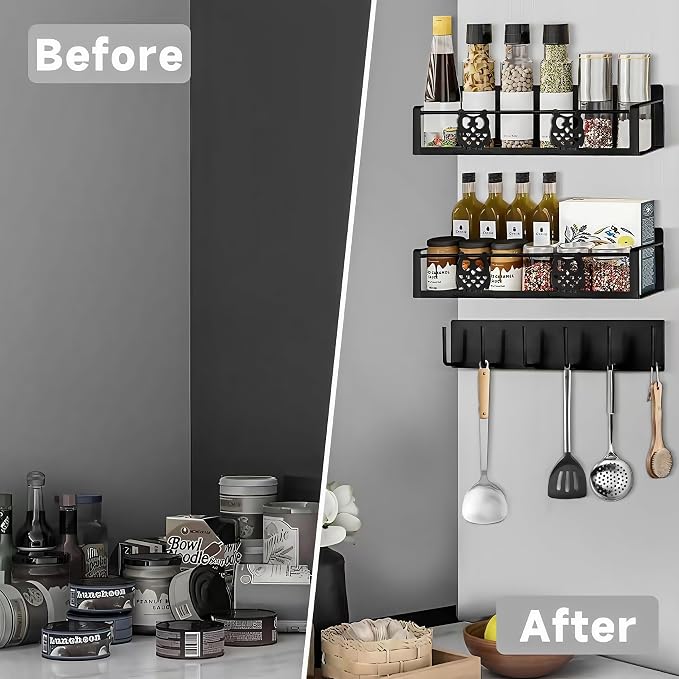 Magnetic Spice Rack for Refrigerator,Spice Organizer for Kitchen,Seasoning Organizer Rack,Magnetic Shelf with Hooks,Strong Magnet,Moveable,No Drilling(3 Pack,Black,Owl) - Image 5