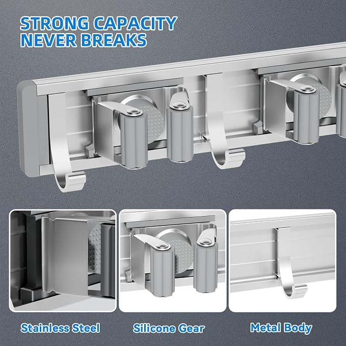 reliahom Broom Holder Wall Mount Mop Hanger Tools organizer 4Racks 5Hooks | Adjustable Stick or Screw Mop Broom Wall Hanging Tool Storage Rack Space-saving for Garage,Kitchen,Laundry Room,Garden,Silver - Image 2