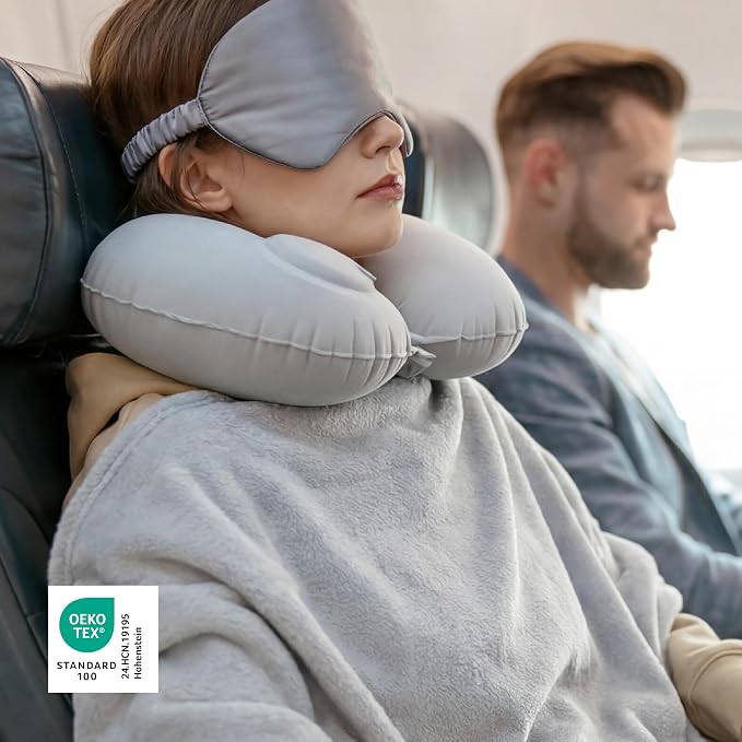 Bedsure Travel Blanket Set with Inflatable Neck Pillow and Eye Mask - Lightweight 3-in-1 Airplane Packable Blanket, Compact Travel Essentials, Grey - Image 4