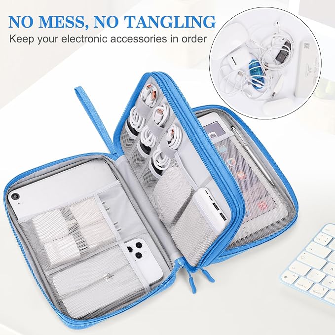 FYY Electronic Organizer, Travel Tech Pouch Bag, Extra Large, Cyan | Wrist Strap, Waterproof, Double Layers Electronics Travel Case for iPad, Cord, Laptop Charger, Daily and Business Trips Use - Image 5