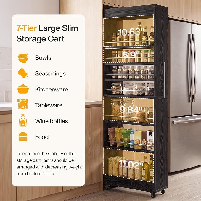 Tribesigns 73" Tall Slim Storage Cart on Wheels, 7-Tier Narrow Pantry Cabinet, Rolling Skinny Spice Rack Organizer Next to Fridge, Wooden Pull-Out Storage Shelf for Kitchen Small Spaces, Black - Image 7