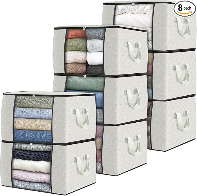 8 Pack Storage Bags for Clothes Blanket Storage Bins with Lids | Foldable Closet Organizers with Zippers,Window and Handles,Fabric Storage Bins for Sweater,Comforter,Bedding,Dorm essentials by Fabtotes