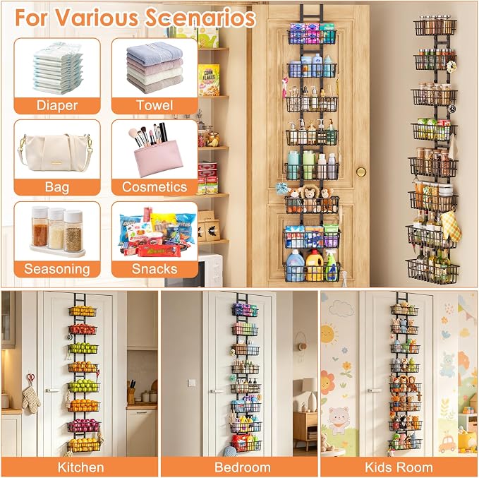 Hongtamoya 8 Tier Over The Door Organizer, Adjustable Hanging Door Organizer with 8 Wire Baskets 6 Hooks, Behind The Door Storage for Pantry Closet Bedroom Bathroom Cabinet Kitchen Laundry Room, Black - Image 7