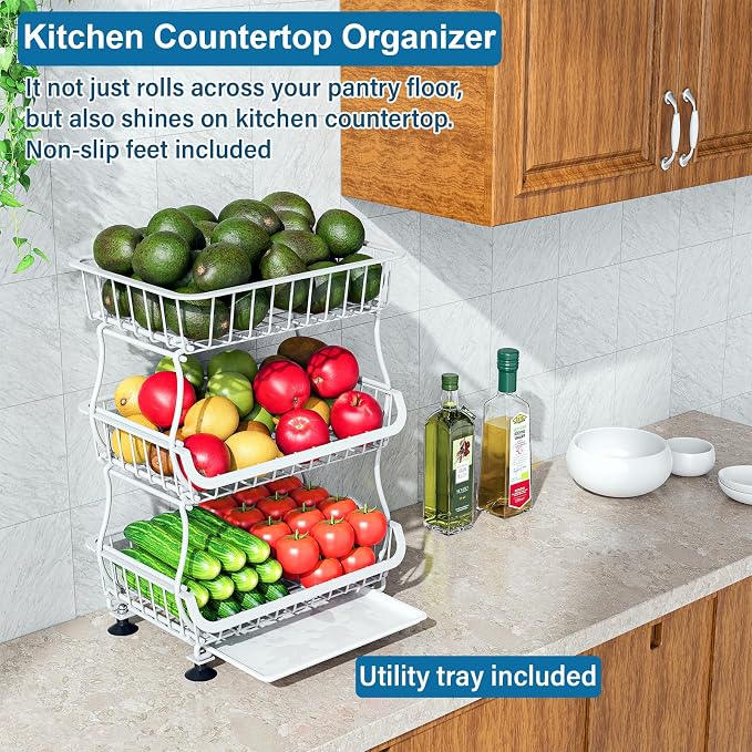 OKZEST 3-Tier Rolling Pantry Floor Organizers and Storage Cart with Wheels | Fits under pantry shelf, Stackable kitchen pantry baskets with dirt catch tray, Holds drink, snack, can, potato, onion, fruit - Image 8