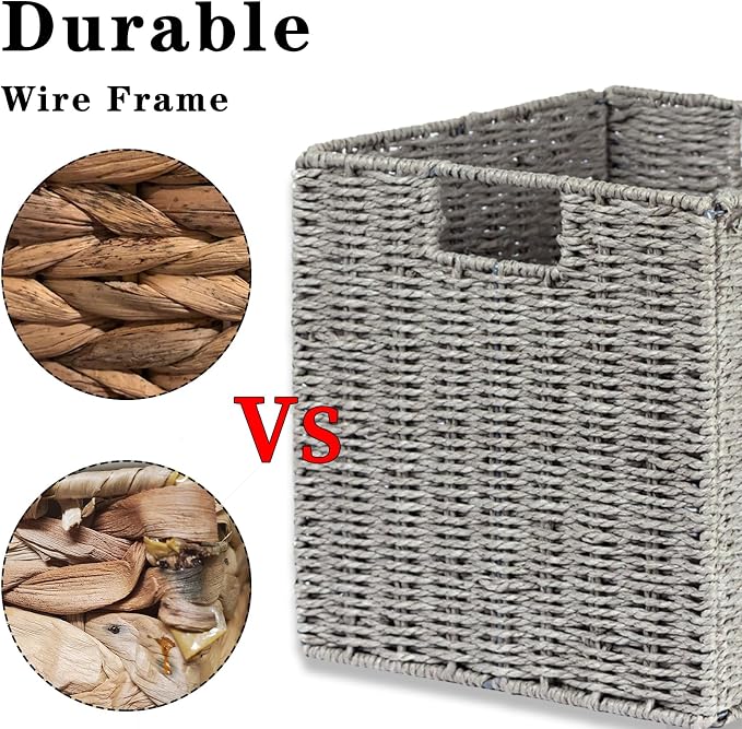 Wicker Basket, Set of 2 Hand-Woven Wicker Storage Basket, Foldable 11 inch Cube Storage Bins, Storage Baskets for Organizing Shelves, Closet Organizers and Storage Bins, Gray (11″×11″×11″) - Image 3