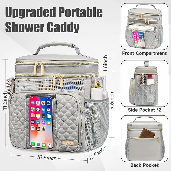 Large Leather Toiletry Bag for Women Men,Bathroom Bag,Water Resistant Shower Bag,Makeup Bag,Portable Shower Caddy for College Dorm,Hanging Travel Toiletry Bag with Transparent Waterproof Phone Pocket - Image 4