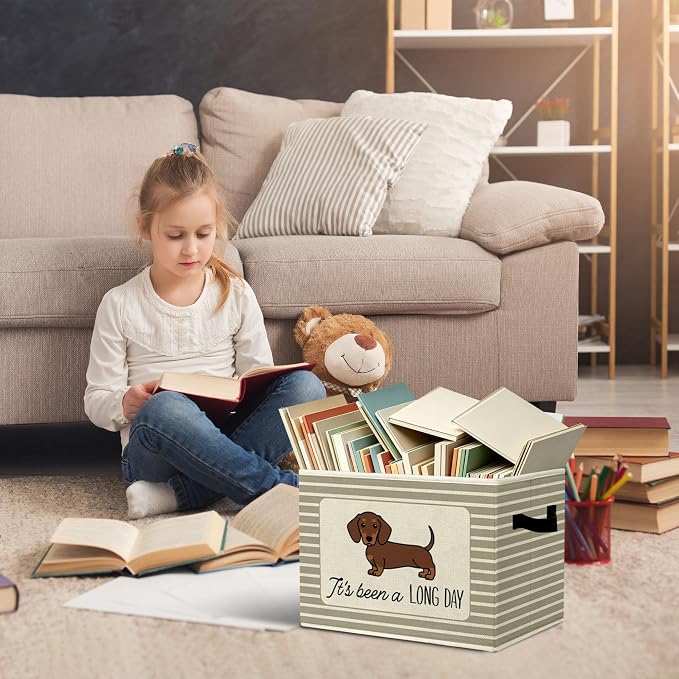 Rustic Dachshund Storage Bins Boxes with Handles | toys books clothes, it's been a long day grey striped nursery foldable basket for organizing bedroom toddler room playroom - Image 5