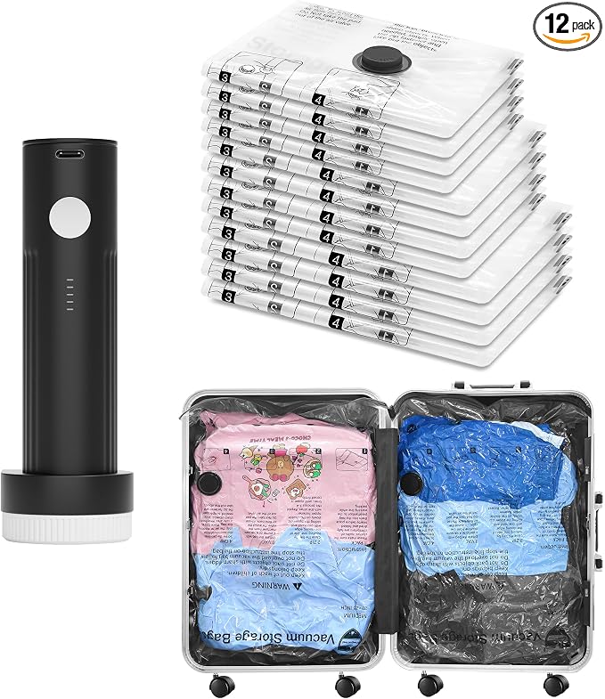 Vacuum Seal Bags for Clothing Travel and Home Storage, Travel Vacuum Bags with Electric Pump, Space Saver Compression Packing Cubes for Luggage Suitcase Bedding Blankets Clothes, 12 Combo by SUOCO