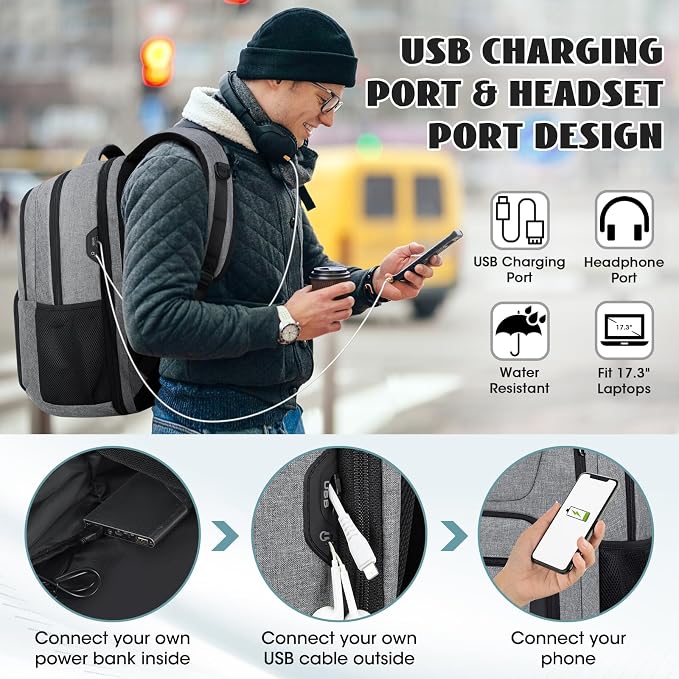 Travel Laptop Backpack, 17 Inch Extra Large Laptop Backpack with USB Charging Hole 45L Anti Theft Travel Backpack Water Resistant College Business Computer Bag Fit 17.3 Inch Laptop for Men Women Grey - Image 3