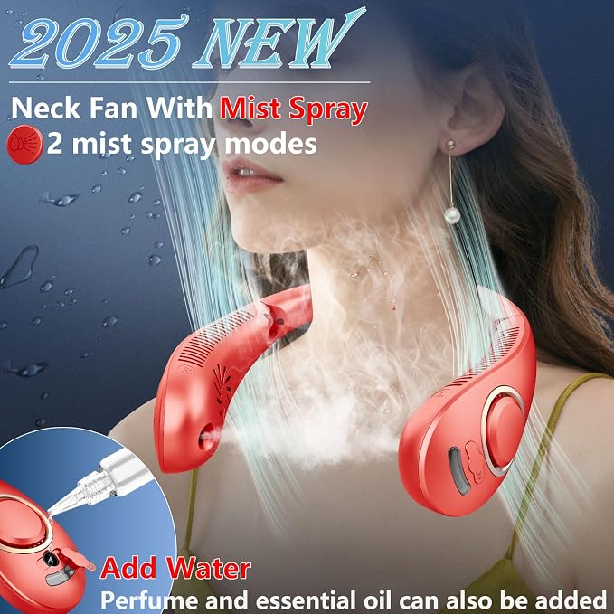 Neck Fans for Women Rechargeable-Foldaway Personal Fan with Water Mist,Wearable Hanging Fan Around Neck,Small USB Rechargeable Neck Cooler for Mother's Day Father's Day Adults Kids Birthday Gifts Red - Image 2