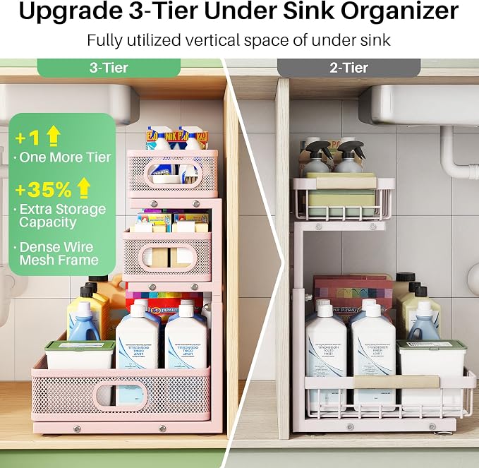 Kitstorack Under Sink Organizer, 2-Pack 3-Tier Height Adjustable Thickened Metal Pull out Cabinet Organizer Shelf, Slide out Storage Drawer Rack for Bathroom Kitchen Pantry Home Organization, Pink - Image 3