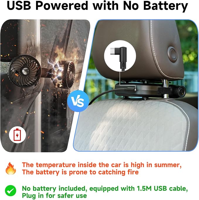 ViSSKO 2026 Car Fan for Backseat, USB Invisible Car Headrest Cooling Fan for Kids Replace Ventilated Seats with 3 Speeds Fit in Most Cars Vehicle Jeep Van RV Truck - Image 4