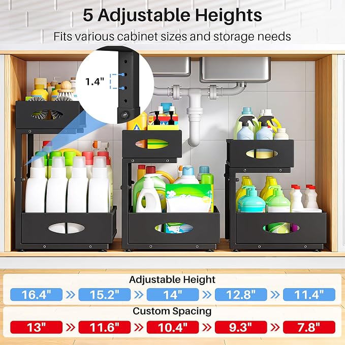 Under Sink Organizer, 2 Tier Pull Out Under Cabinet Organizer Shelf with Pad for Framed Cabinets, Metal Slide Out Under Sink Storage, Mesh Sliding Drawers for Kitchen Bathroom Laundry(Black, 1 Pack) - Image 6