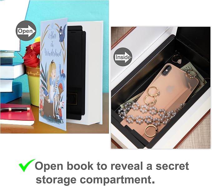 Alice in Wonderland Book Safe with Real Pages, Key Lock Metal Secret Box | Hidden safe box and hollow storage compartment for cash money. Decorative book box stash case for passport savings. - Image 5