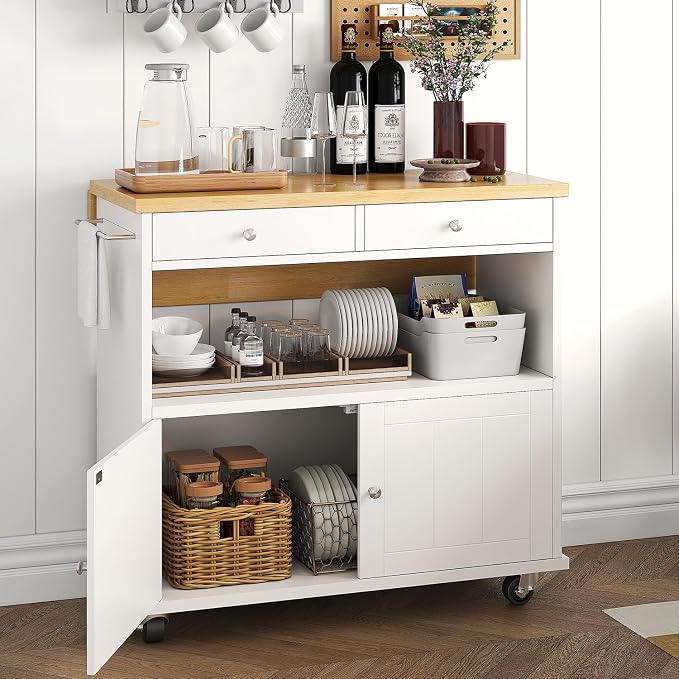 Rolling Kitchen Island with Folding Drop Leaf Breakfast Bar, 35.4'' W Kitchen Cart with Storage Cabinet and 2 Drawers, Portable Mobile Kitchen Island Table with Towel Rack, Lockable Wheels, White - Image 4