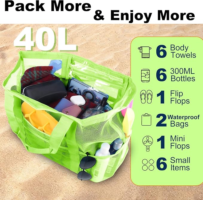 CaCTOUR Mesh Beach Bag,Large Beach Bags for Women with 8 Pockets,Packable Tote Bag for Beach Cruise Pool Vacation Essentials - Image 4