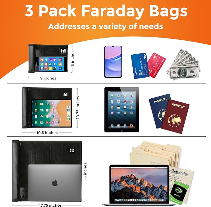 Zero Grid 3-Pack Faraday Bags Pouches, RFID Signal Blocking Sleeves, Black | Phones, Laptops, Bank Cards, Electronics, Key Fobs, Anti-Hacking, Fireproof & Waterproof, Digital Privacy & Theft Protection - Image 3