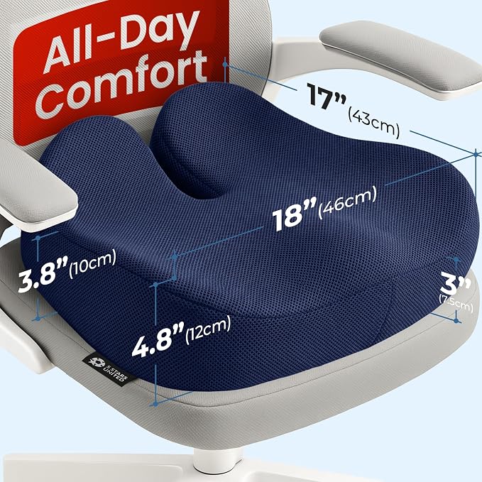 5 STARS UNITED Seat Cushion - Memory Foam Chair Cushion for Tailbone Pain Relief - Ergonomic Support for Coccyx, Sciatica & Butt - Office, Desk & Gaming Chair, Car Seat, Wheelchair, Blue Mesh - Image 2