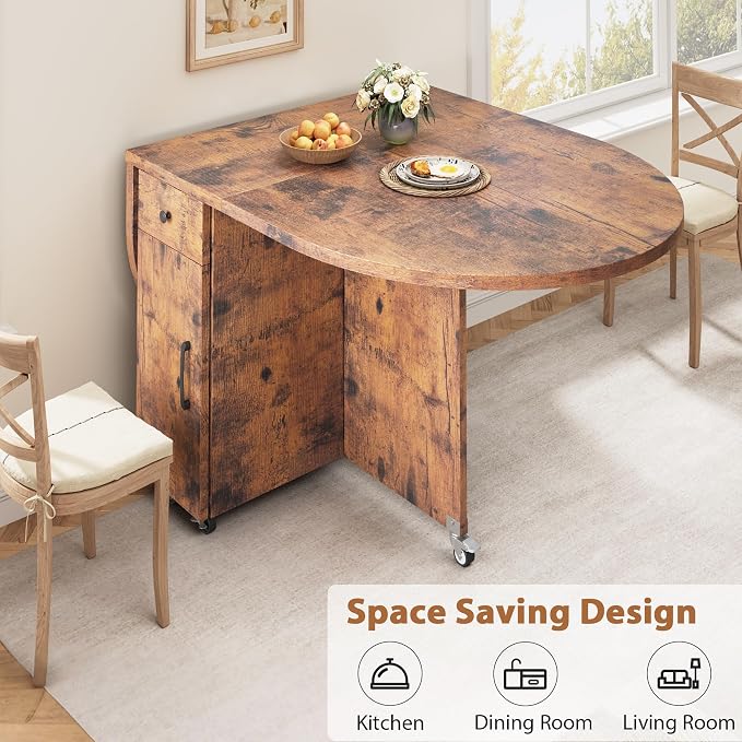 Jocoevol Round Folding Dining Table for 4, Space Saving Drop Leaf Kitchen Table with Storage Drawer, 6 Wheels Oval Gateleg Foldable Dining Table for Small Spaces(Vintage 47 * 23.6 * 30) - Image 6