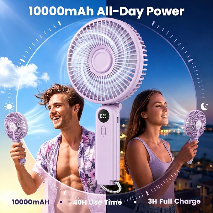 Portable Handheld Fan, 10000mAh Rechargeable 6-Inch Personal Fan for Travel | Ultra Quiet Foldable Desk Fan, 5-Speed Battery Operated Fan with Up to 40H Runtime and Digital Display for Travel and Makeup - Image 4