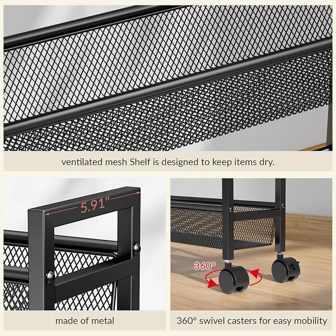 ThreeHio 6 Tier Slim Storage Cart, Narrow Cart with Wheels, Metal Mobile Shelving Unit Organizer for Kitchen, Bathroom, Laundry Room, Living Room & Narrow Spaces, Black, 6in(W) - Image 7