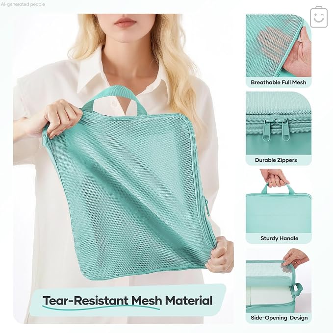 Veken 9/11 Set Compression Packing Cubes Garment Bags for Travel Essentials,Compressible Expandable Luggage Organizer Bags for Clothing,Space Saver Bags with Over 1000 pcs of Mesh Holes(Blue Green) - Image 5