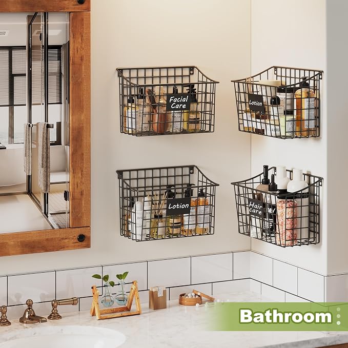 Wall Basket with Label Plate & 5 S-Hooks –4 Pack Hanging Wire Basket for Organizing, Wall Storage for Kitchen, Bathroom, Pantry, Laundry, RV – Hanging Wall Basket, Metal - Image 8