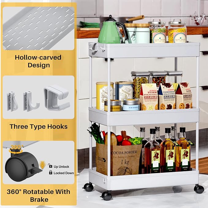 SPACEKEEPER 3 Tier Rolling Cart, Bathroom Cart Organizer with Wheels, Gray | Mobile Storage Cart for Laundry Room Organization,Kitchen,Office,Bathroom, Utility Cart for Snack,Craft,Art,Makeup,Nail,Toys - Image 2