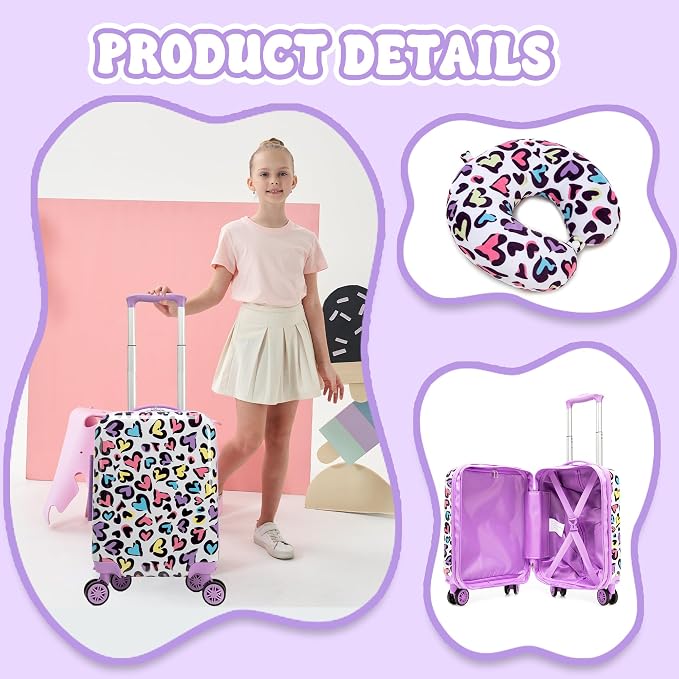Kid's Luggage Set 2 Piece Suitcase Set Hardside Luggage with Spinner Wheels Girls Carry on Toddler Travel Rolling Suitcase with Neck Pillow Airline Approved - Image 7