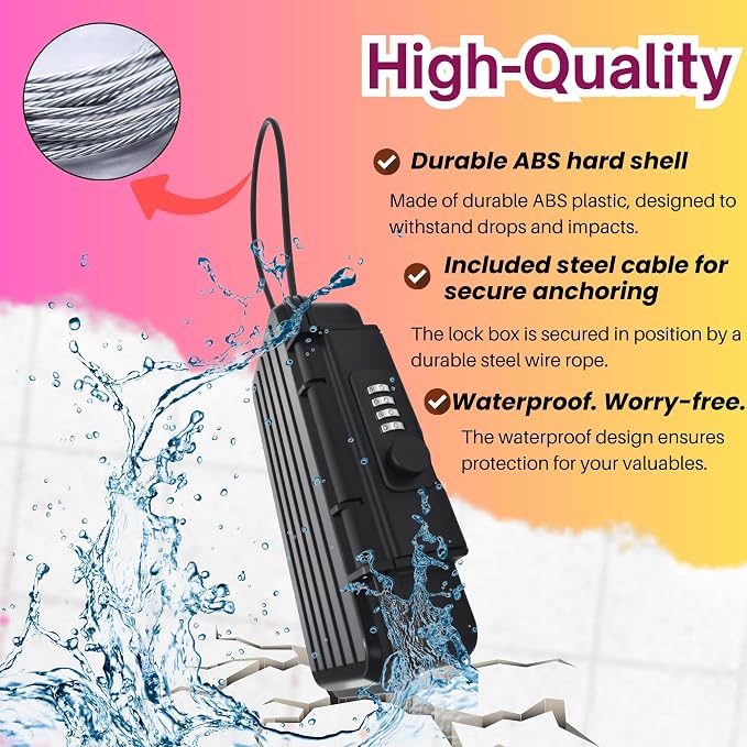 Portable Security Lock Box with Combination Lock, Waterproof Mini Safe Box with Cable, Travel Storage Case for Hotel, Car, Office - Image 6