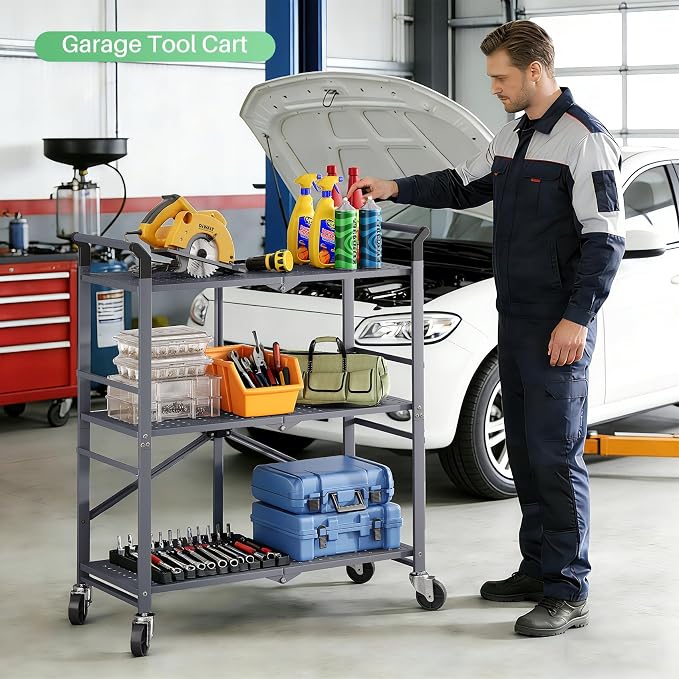SNTD 3 Tier Rolling Cart, Metal Utility Cart on Wheels, Grey | Foldable Cart with wheels, Lockable Casters, Storage Cart for Kitchen, Office and Garage, Easy and Quick Assembly - Image 8