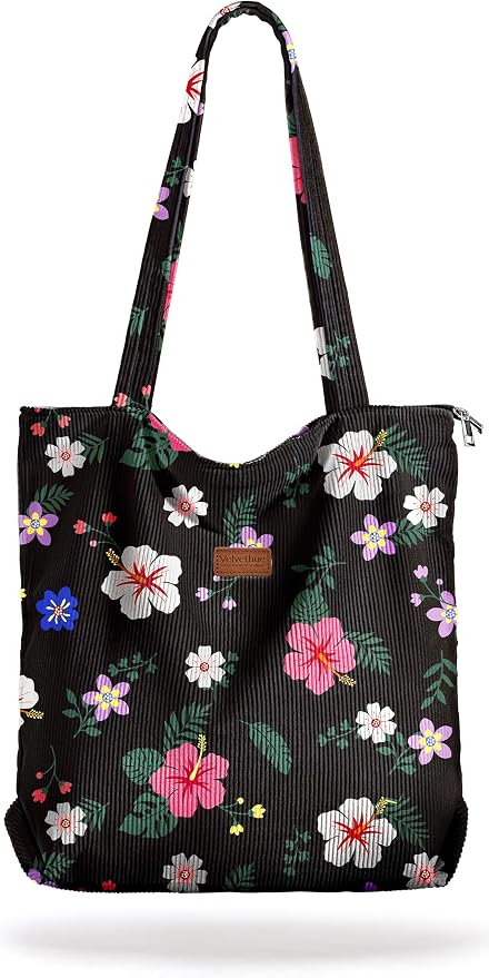 Aesthetic Corduroy Tote Bag with Zipper for Women | Reusable, Fits 14 Inch Laptop, Inner Pocket, double-sided print, Lightweight by VelvetHue