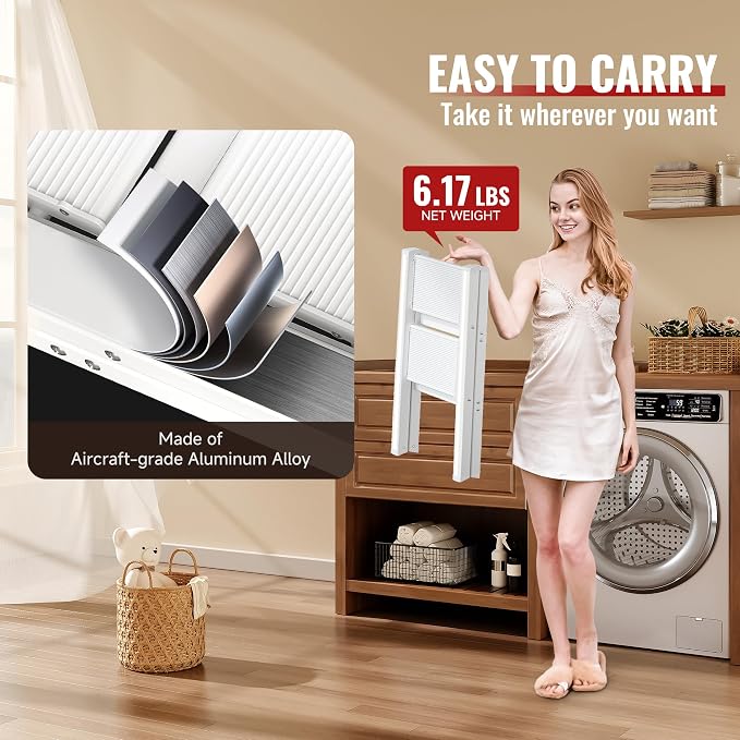 2 Step Ladder, Folding Step Stool with Anti-Slip Wide Pedal | Lightweight, Aluminum Material, 330LBS Load, Portable, Easy Storage, Space Saving, for Kitchen, Bedroom Use, White - Image 6
