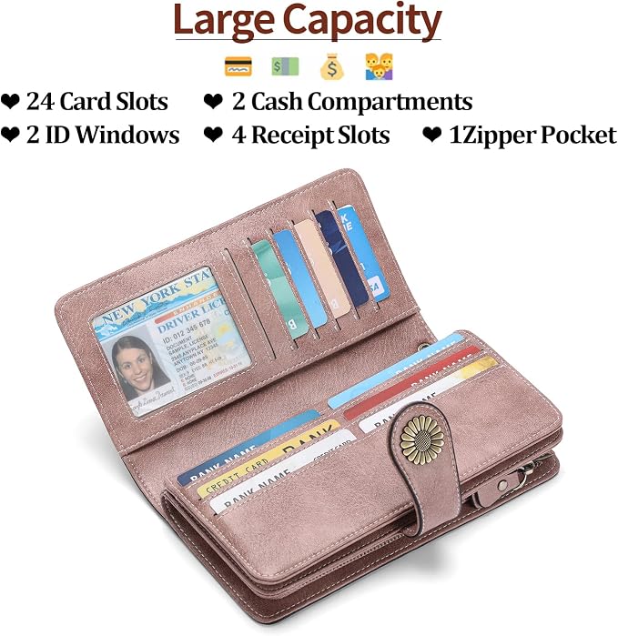 SENDEFN Wallets for Women Leather Credit Card Holder with RFID Blocking Large Capacity Wristlet | with RFID Blocking - Image 3