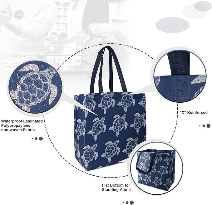 BeeGreen Sea Turtle Reusable Shopping Bags For Groceries 6 Pack- Large Foldable Tote Bags- Strong Handles for Heavy Groceries, Perfect for Supermarket, Farmers Market, and Storage Organization - Image 3