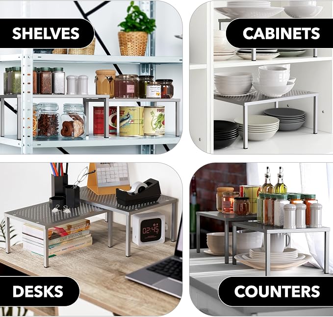 Simple Houseware Cabinet Counter Shelf Organizer w/Steel Surface, Silver | Expandable & Stackable 9" D x 12.75" W x 5.9" H - Image 7