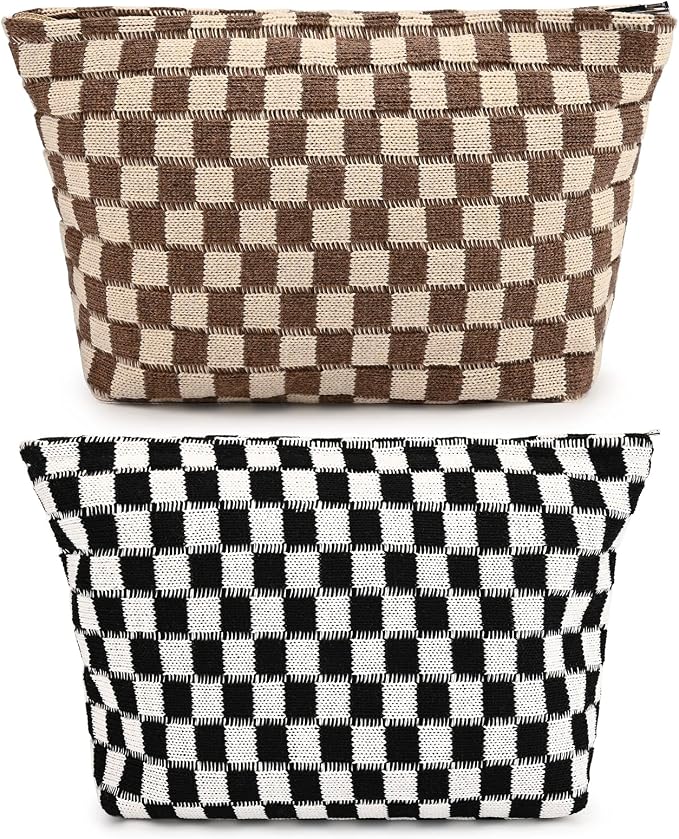 SOIDRAM 2 Pieces Makeup Bag Large Checkered Cosmetic Bag Capacity Canvas Travel Toiletry Bag Organizer Cute Makeup Brushes Aesthetic Accessories Storage Bag for Women, Checkered L Black Brown by SOIDRAM