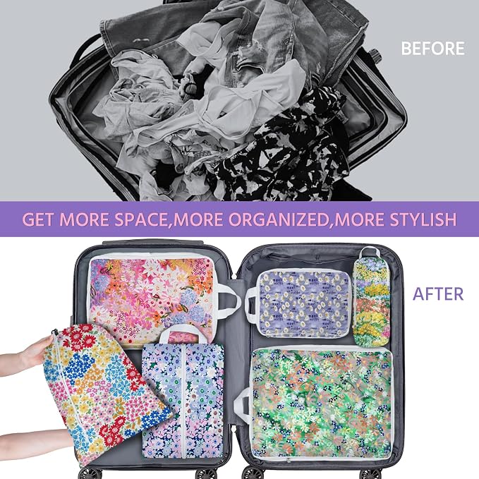 6 Pcs Compression Packing Cubes Waterproof Suitcase Travel Bag Luggage Backpack Organizer Travel Cubes for Packing-Small Floral Print - Image 7
