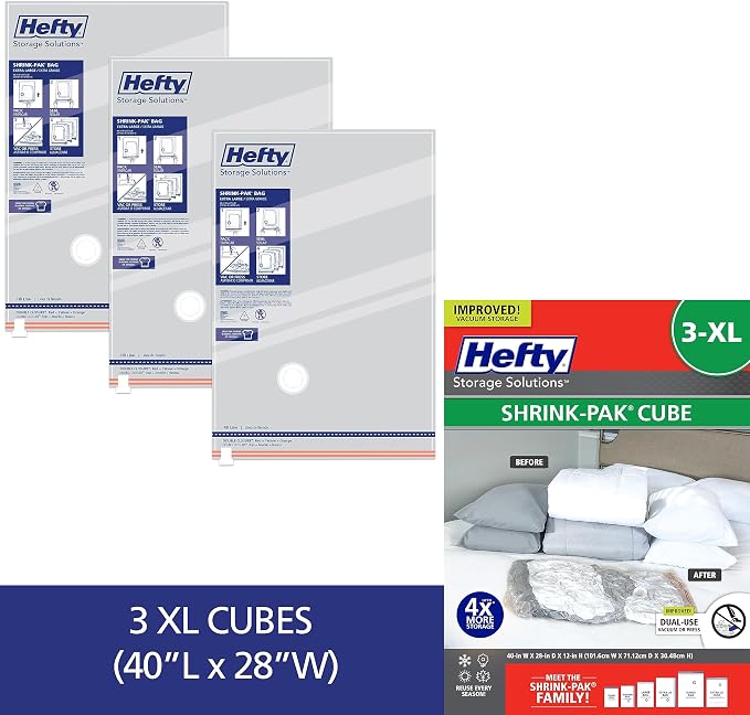 Hefty Shrink-Pak Vacuum Storage Bags - Space Saver for Under Bed Storage, Clothing and Comforters, Odor Resistant, 3X More Storage Space - 3 XL Cubes Bags - Image 3