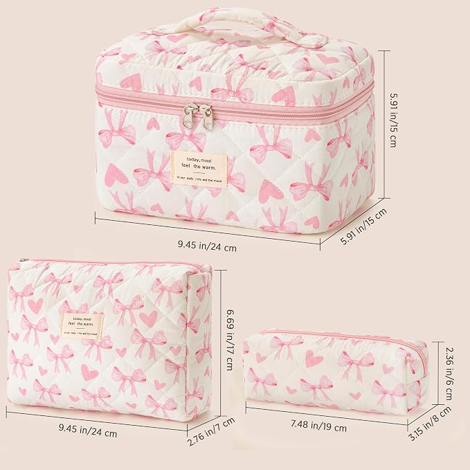 HBselect Quilted Makeup Bag, 3Pcs Cotton Large Travel Makeup Bags Organizer | Cute Floral Make up Bag Cosmetic Bag Toiletry Bag for Women Girls, Makeup Pouch for Skincare, Brushes & Travel Essentials - Image 5