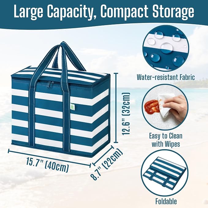 VENO 2 Pack Insulated Cooler Bag Reusable Grocery Bag for Food Delivery | Heavy Duty Large Collapsible Cooler Shopping Tote w/ Zippers,Foldable,Stands Upright for Camping(Classic Navy Stripe,2 Pack) - Image 2