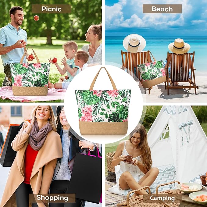 Trifabricy Beach Bags for Women,Waterproof Straw Beach Tote Bag With Zipper | Spacious Storage Capacity, Secure Zipper Closure, Reinforced Carry Handles, Stylish Printed Design For Outdoor Activities - Image 7